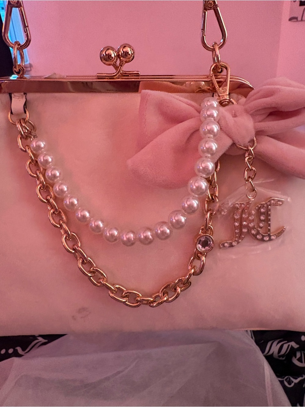 Women's Pink Bow Pearl-Accent Frame Handbag